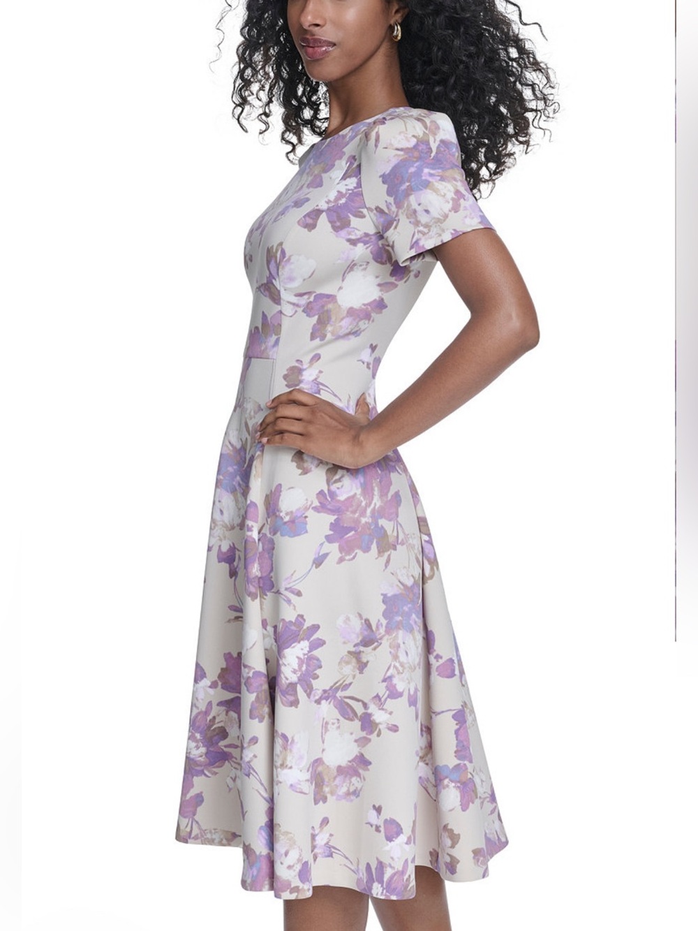 Calvin Klein Lavender Floral Midi Dress in Cream - Picture 3 of 10